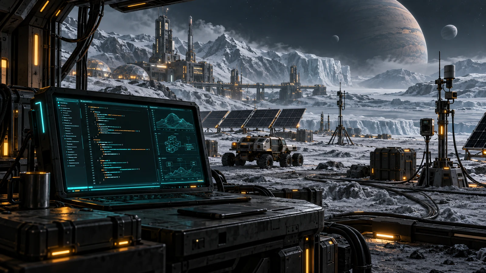 Guide artwork of a frozen planetary base with code-driven equipment
