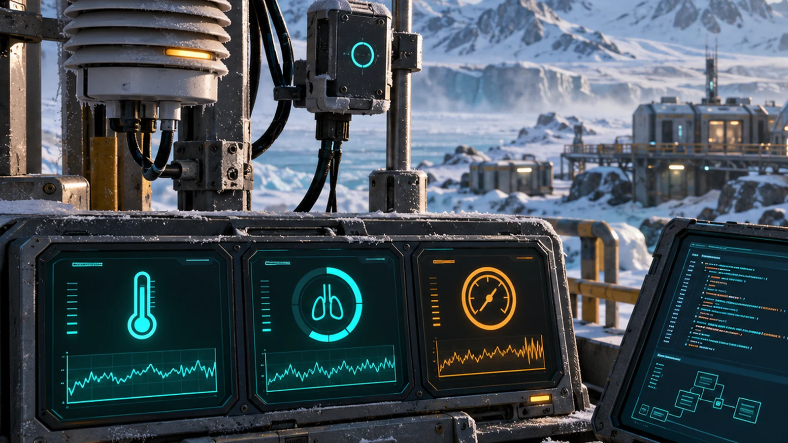 Guide artwork focused on an oxygen monitoring console at a frozen research base