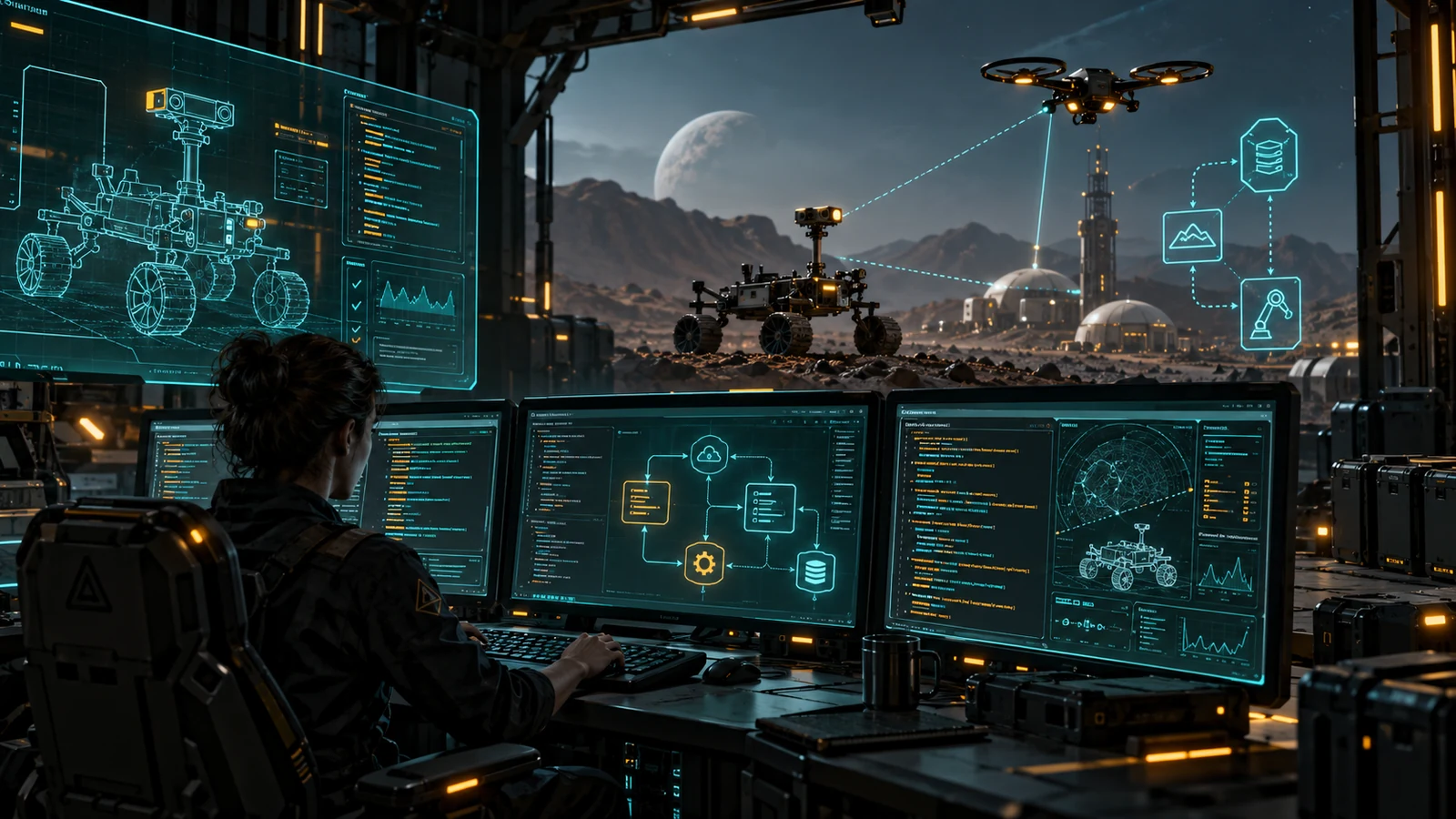 Guide artwork of a code-driven planetary automation control room