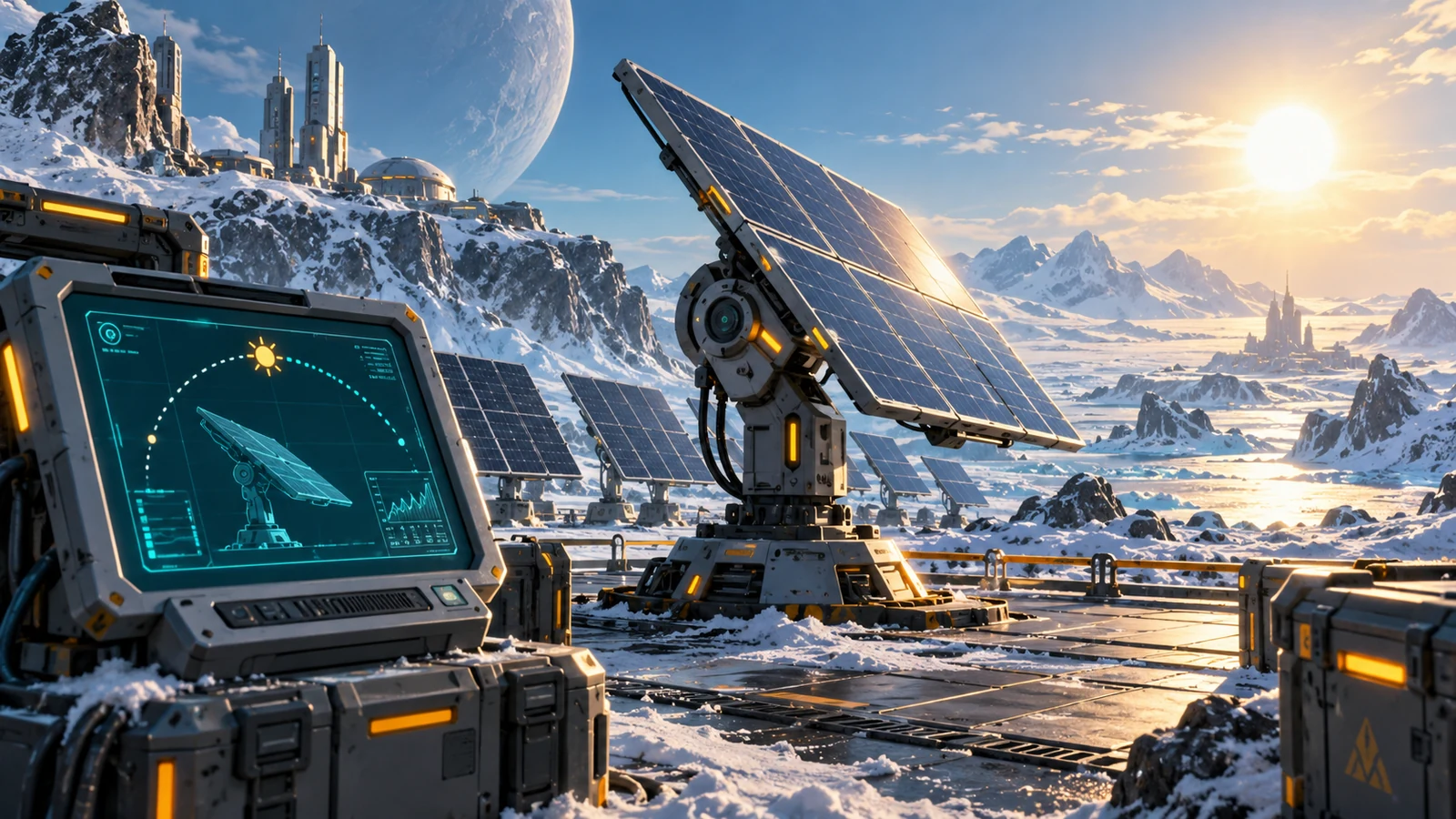 Guide artwork of code-controlled solar tracking arrays