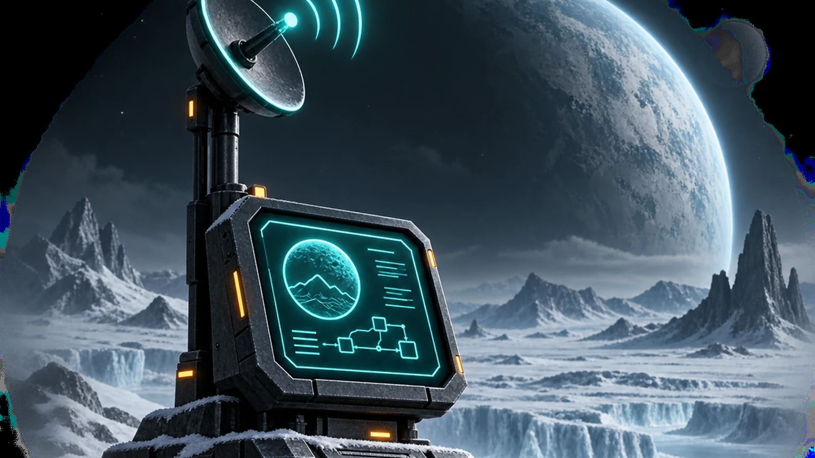 Guide artwork of a frozen planetary uplink station